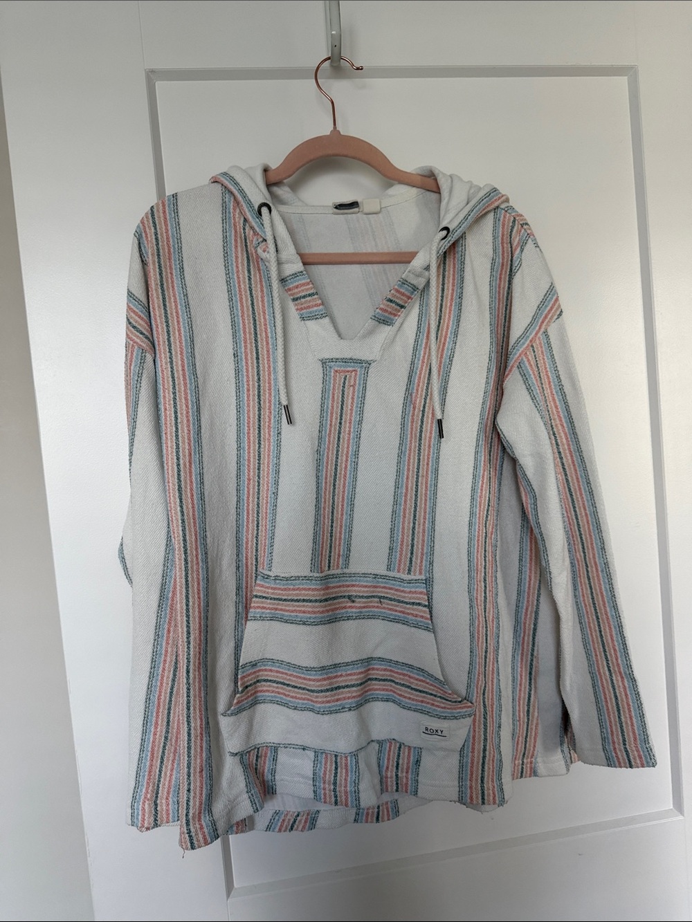 Roxy Striped Hooded Baja Sweater in White, Pink, Blue